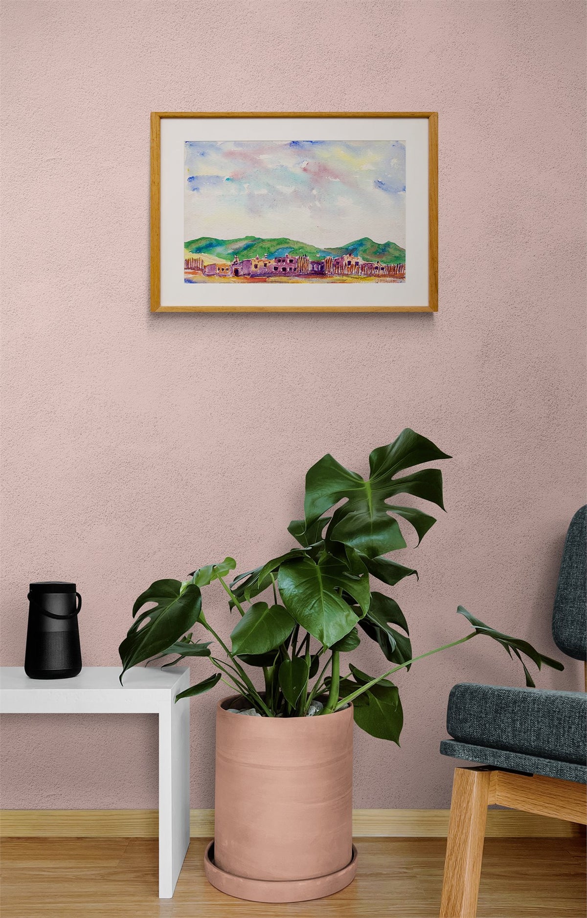 Untitled (Landscape of Adobe Buildings with Mountains), Painting