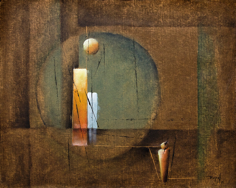 Charles Bunnell (1897-1968) artwork for sale. Untitled (Abstract with Man and Geometric Shapes), Painting, dated 1955