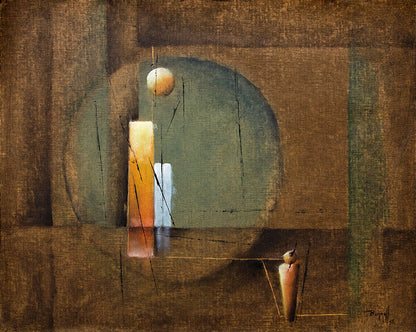 Charles Bunnell (1897-1968) artwork for sale. Untitled (Abstract with Man and Geometric Shapes), Painting, dated 1955