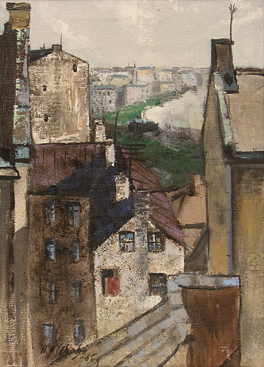 Tenree Kebax (1928-) artwork for sale. Through the Window (City View), Painting, 1965, Denver, Colorado, Art Gallery)