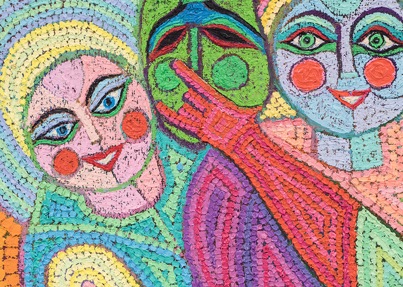 Behind The Masks (Three Women with Masks), Painting, circa 1990