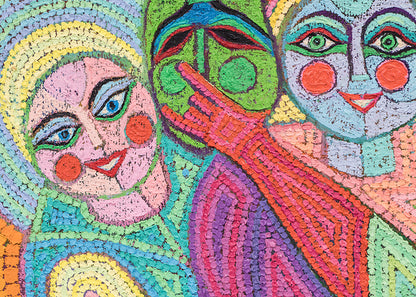 Behind The Masks (Three Women with Masks), Painting, circa 1990