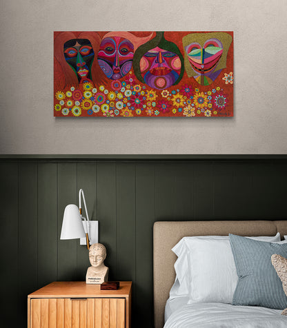 Masks And Flowers (Four Faces with Masks), Painting, 1984
