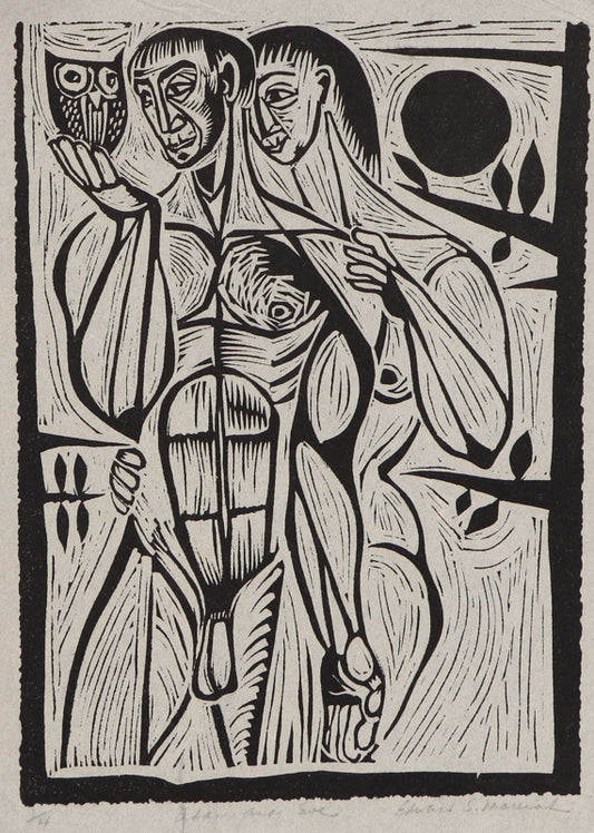 Edward Marecak (1919-1993) artwork for sale. Adam and Eve (Man and Woman with Owl), Print, Denver, Colorado, Art Gallery)