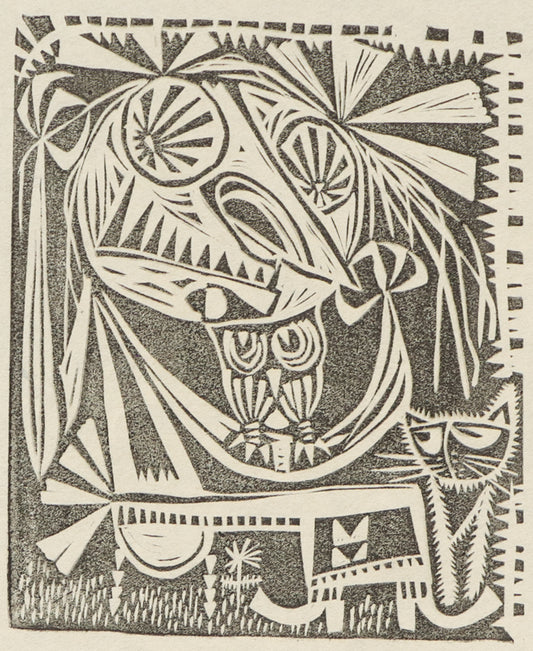 Edward Marecak (1919-1993) artwork for sale. Frustrated Witch (Abstract Woman with Owl and Cat), Print, Denver, Colorado, Art Gallery)