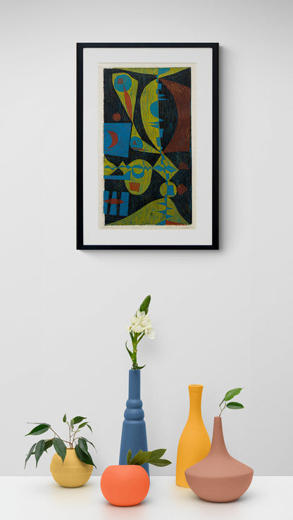 Shapes (Abstract in Black, Umber, Chartreuse, and Blue), Print, circa 1960-1980