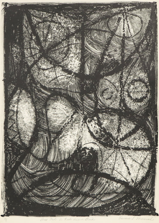 Edward Marecak (1919-1993) artwork for sale. An Owl A Fish and A Bird (Black and White Abstract), Print, circa 1940-1970, Denver, Colorado, Art Gallery)