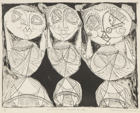 Edward Marecak (1919-1993) artwork for sale. Behind the Mask is Me (Women with Masks), Print, circa 1940-1970, Denver, Colorado, Art Gallery)