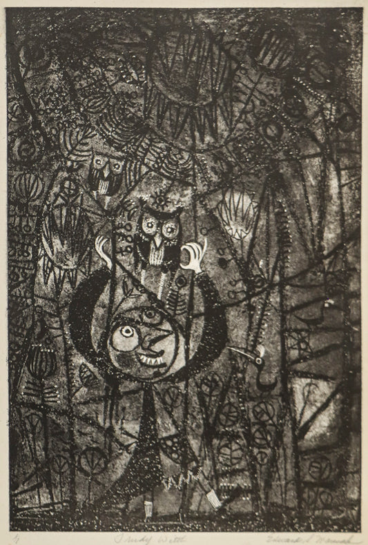 Edward Marecak (1919-1993) artwork for sale. Trudy Witch (Woman with Owls and Plants), Print, Denver, Colorado, Art Gallery)