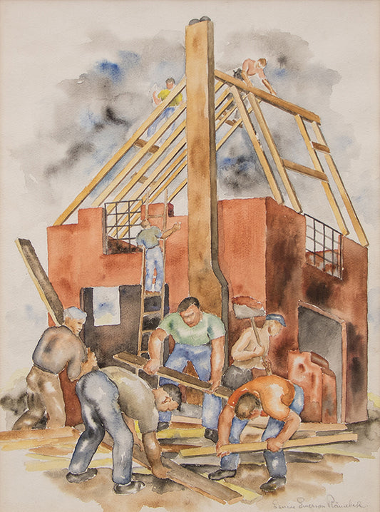Louise Ronnebeck, Building Boom (Workers Building a House), circa 1937, watercolor on paper Painting