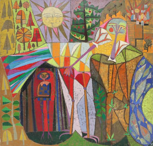 Edward Marecak (1919-1993) artwork for sale. The Phoenix (Abstract with Figures, Trees, and Sun), Painting, 1968, Denver, Colorado, Art Gallery)