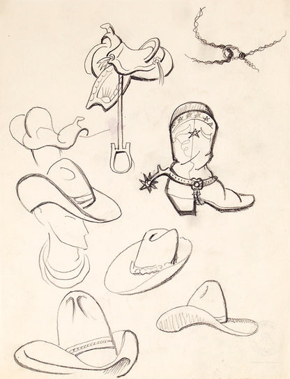 Saddle, Boot and Hat Sketches, Colorado, Drawing, circa 1933