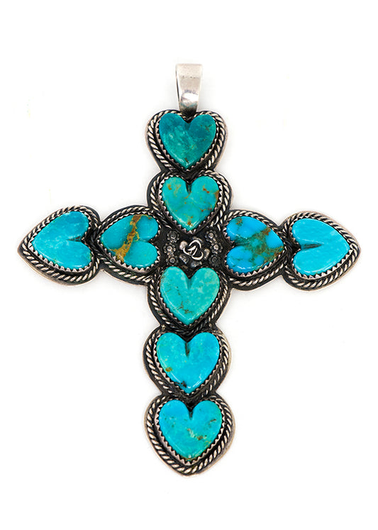 Navajo (Diné) artwork for sale. Silver and Turquoise Cross Pendant, circa 1980 by La Rose Ganadonegro, Denver, Colorado, Art Gallery)