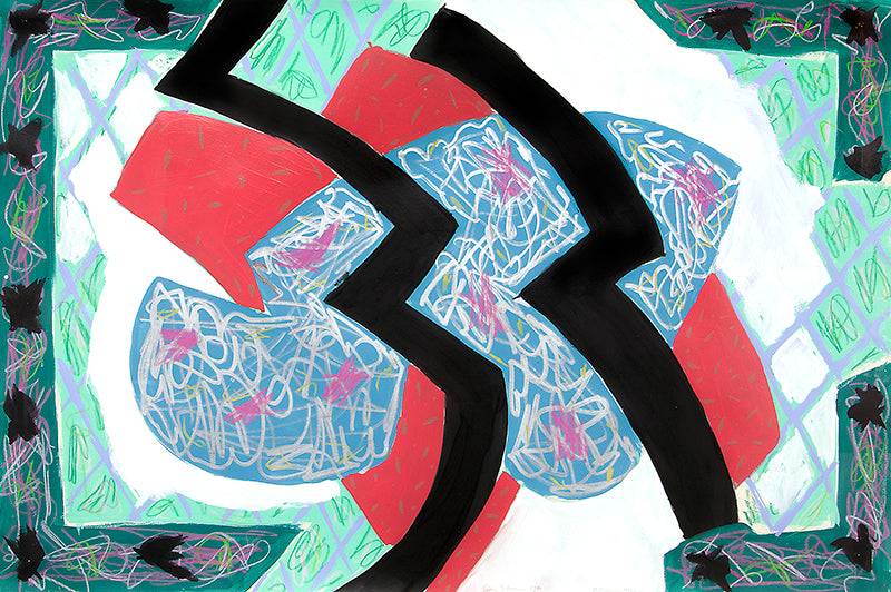 Faulkner in Fresno (Abstract in Teal, Blue, Black, and White), Painting, 1986
