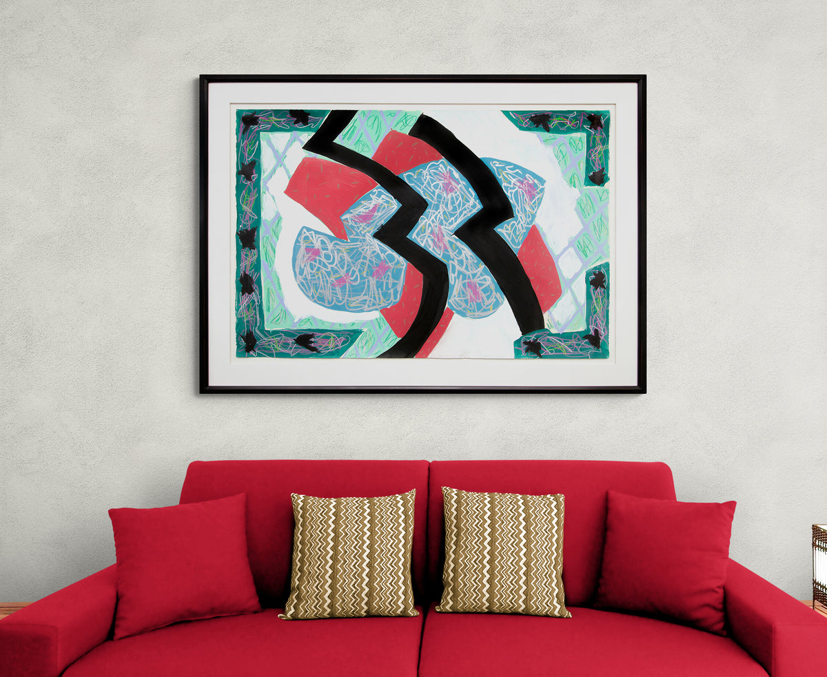 Faulkner in Fresno (Abstract in Teal, Blue, Black, and White), Painting, 1986