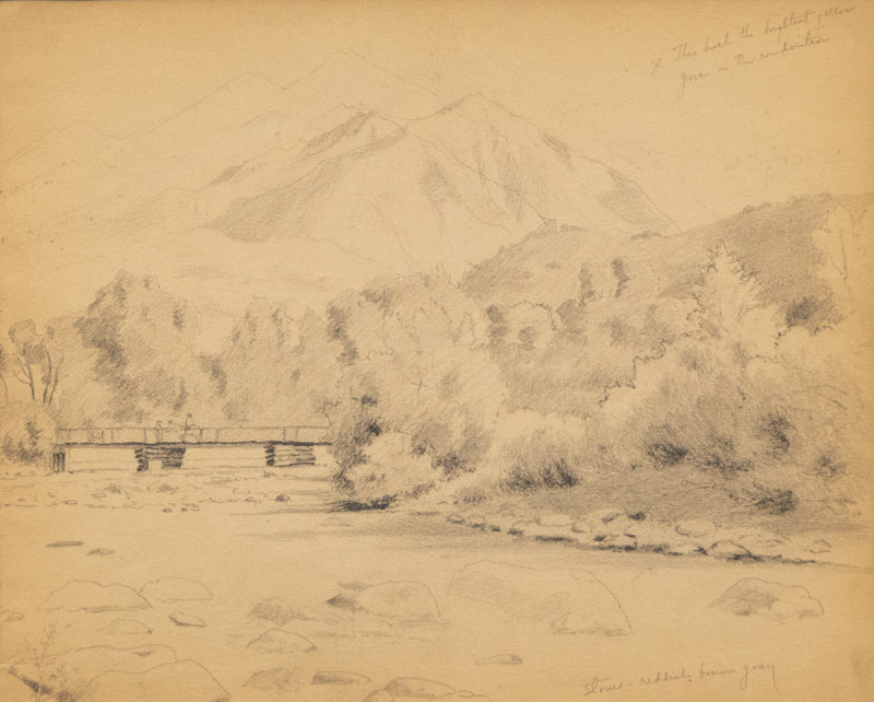 Untitled (Mountain Landscape with Bridge over a River, Horse and Rider with another Person), Drawing, circa 1910