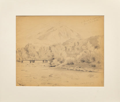 Untitled (Mountain Landscape with Bridge over a River, Horse and Rider with another Person), Drawing, circa 1910