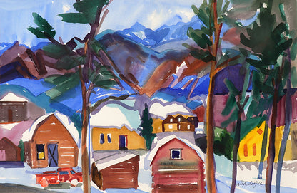 Untitled (Cabins in the Snow, Colorado Mountain Landscape, Winter), Painting