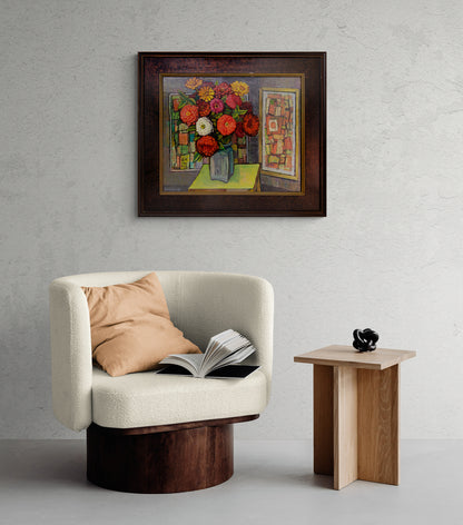 Untitled (Still Life with Zinnia and Abstract Paintings), Painting