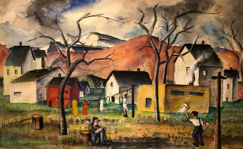 Charles Bunnell (1897-1968) artwork for sale. The Way War First Comes (Mountain Town with Figures, Houses, and Trees), Painting, 1940, Denver, Colorado, Art Gallery)