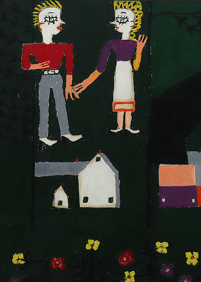 Farm and Figures (Couple with a Farm and Flowers), Painting, 1953-1965