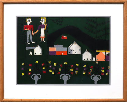 Farm and Figures (Couple with a Farm and Flowers), Painting, 1953-1965