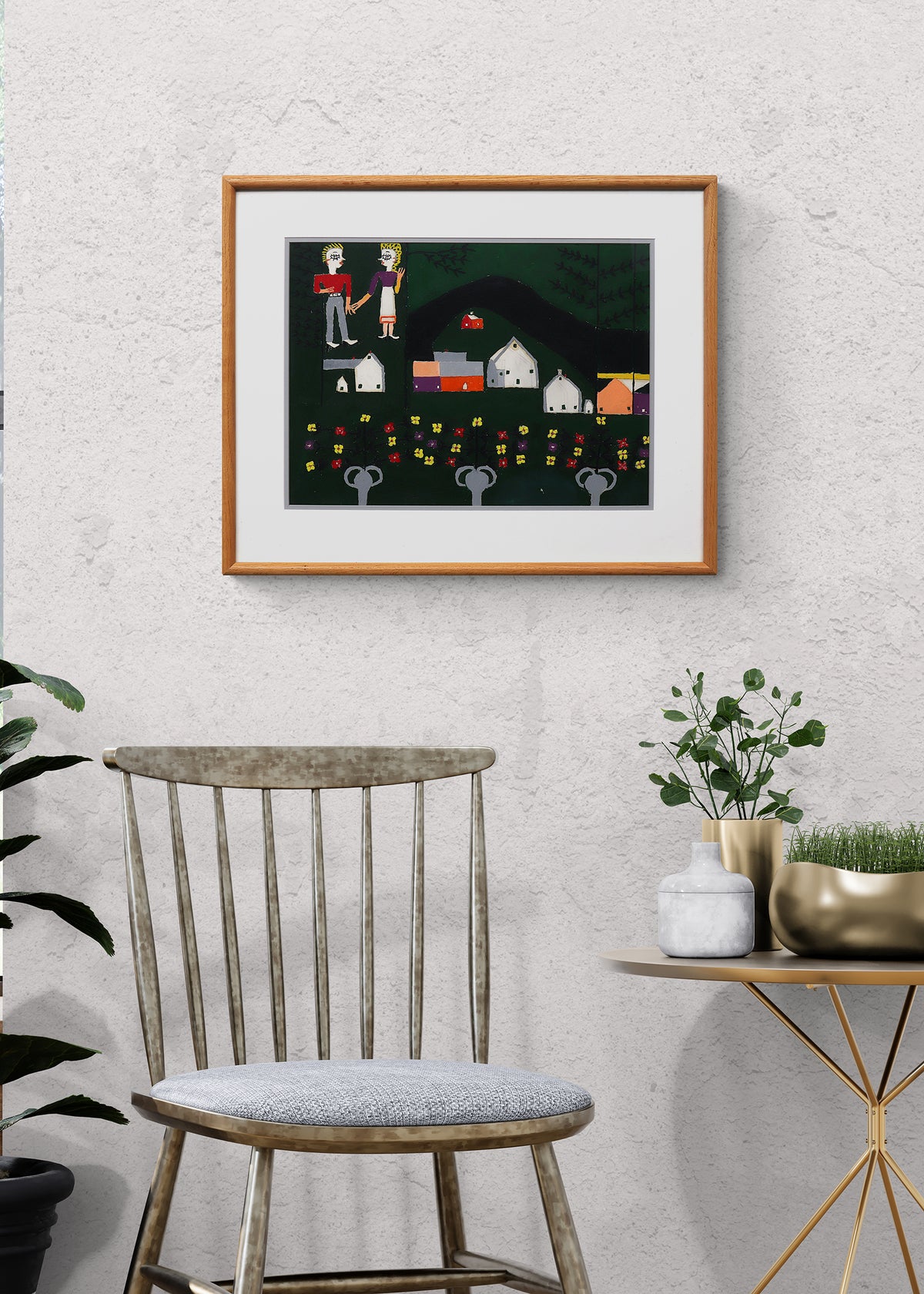 Farm and Figures (Couple with a Farm and Flowers), Painting, 1953-1965