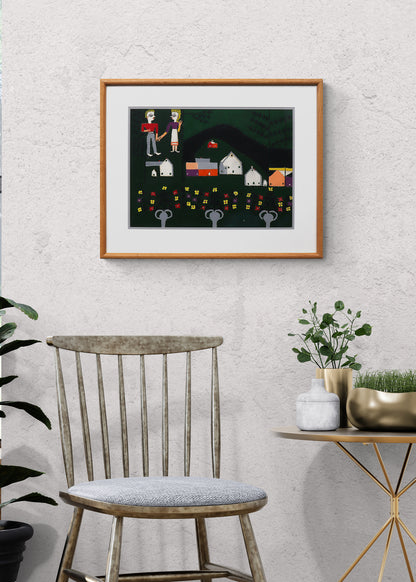 Farm and Figures (Couple with a Farm and Flowers), Painting, 1953-1965