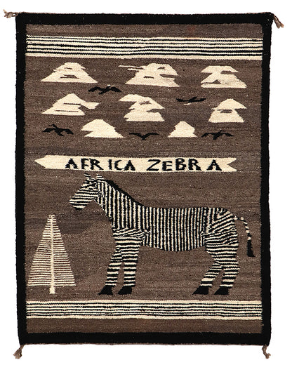 Pictorial Rug with African Zebra, Tree, Birds and Clouds, circa 1955
