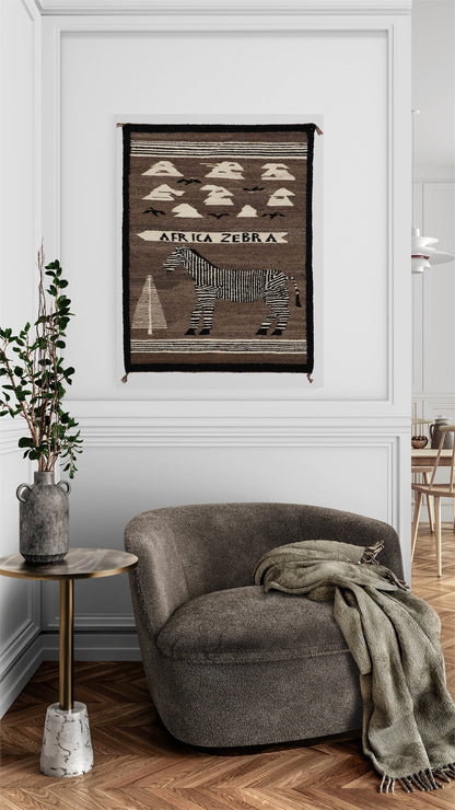 Pictorial Rug with African Zebra, Tree, Birds and Clouds, circa 1955