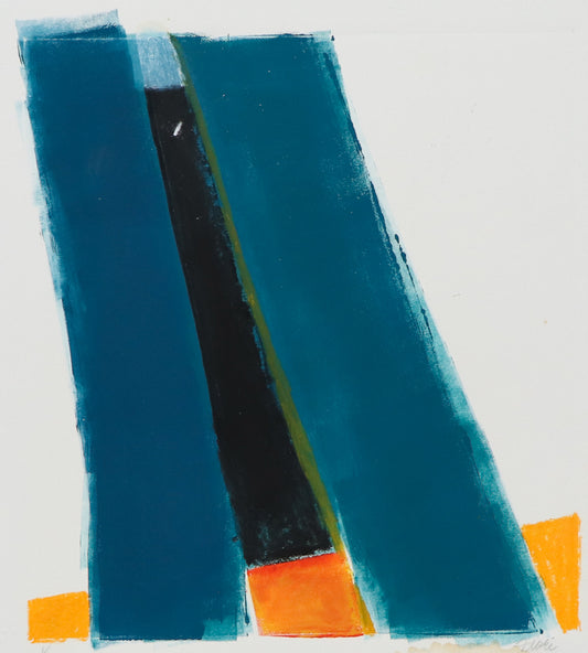 Untitled (Abstract Brown, Yellow, and Blue), Print, circa 1990-2005, Wilma Fiori (1929-2019), vintage fine art, Vertical, Small, Unframed, monotype, watercolor, paper, circa 1990-2005, 1950-1999, 1990s, 2000s (2000-2009), 20th CENTURY (1900-1999), 21st CENTURY (2000-Present), Wilma, Fiori, Abstract, Women Artists, 9 ½ x 8 ½ inches
