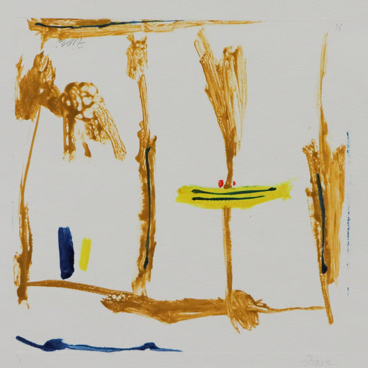 Untitled (Abstract Blue, Aqua, Red, and Yellow), Print, circa 1990-2005, Wilma Fiori (1929-2019), vintage fine art, Horizontal, Small, Unframed, ink, monotype, paper, circa 1990-2005, 1950-1999, 1990s, 2000s (2000-2009), 20th CENTURY (1900-1999), 21st CENTURY (2000-Present), Wilma, Fiori, Abstract, Women Artists, 6 ¾ x 8 ½ inches