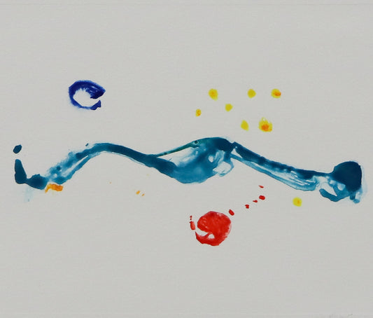 Raise the Gate #1 (Abstract in Blue, Cyan, Green, and Red), Print, circa 1990-2005, Wilma Fiori (1929-2019), vintage fine art, Horizontal, Small, Unframed, monotype, paper, circa 1990-2005, 1950-1999, 1990s, 2000s (2000-2009), 20th CENTURY (1900-1999), Wilma, Fiori, Abstract, Women Artists, 8 ½ x 8 ½ inches