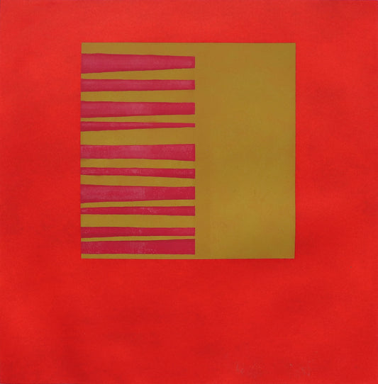 Wilma Fiori (1929-2019) artwork for sale. Untitled (Red Abstract with Gold Square and Red Stripes), Print, circa 1990-2005, Denver, Colorado, Art Gallery)