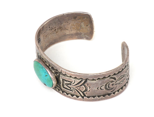 Pueblo artwork for sale. Old Pawn Stamped Silver Cuff Bracelet with Turquoise Cabochon, circa 1915, Denver, Colorado, Art Gallery)