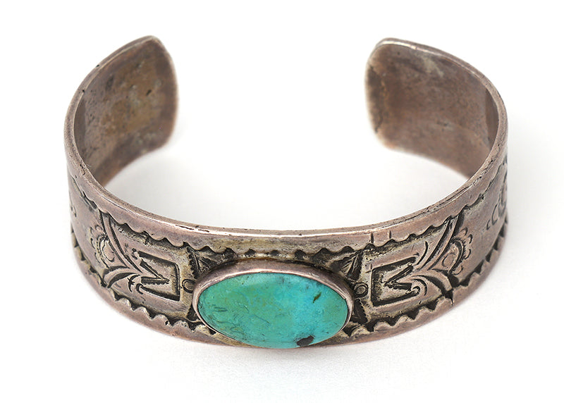 Old Pawn Stamped Silver Cuff Bracelet with Turquoise Cabochon, circa 1915