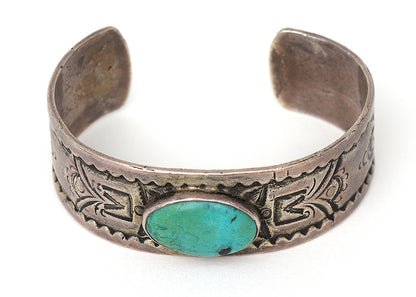 Old Pawn Stamped Silver Cuff Bracelet with Turquoise Cabochon, circa 1915