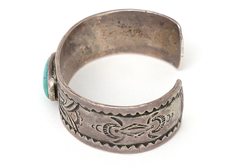 Old Pawn Stamped Silver Cuff Bracelet with Turquoise Cabochon, circa 1915