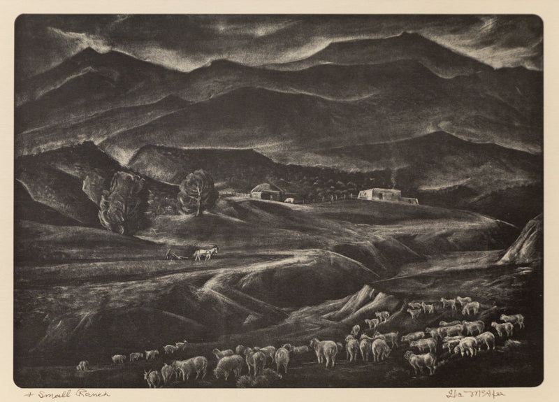 Ila McAfee (1897-1995) artwork for sale. Small Ranch (Valley with River, House, and Sheep), Print