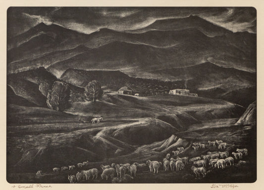 Ila McAfee (1897-1995) artwork for sale. Small Ranch (Valley with River, House, and Sheep), Print