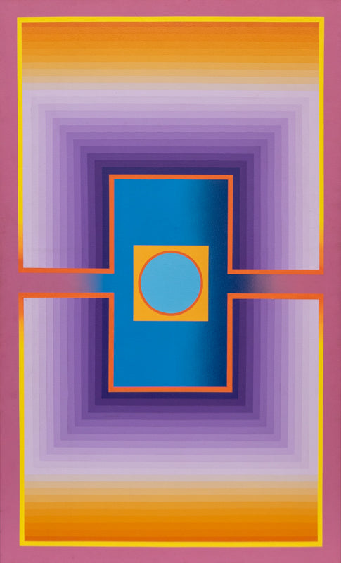 Victor Atkins (1944 -) artwork for sale. Rays (Abstract Colorist Composition in Violet, Orange, and Cerulean), Painting, circa 1975, Denver, Colorado, Art Gallery)