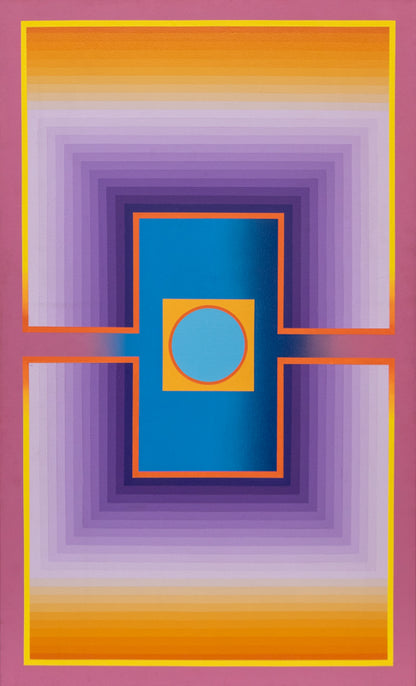 Rays (Abstract Colorist Composition in Violet, Orange, and Cerulean), Painting, circa 1975