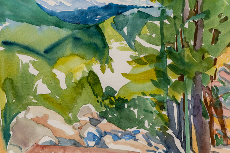 Untitled (Picnic table and Pine Trees in Mountain Landscape), Painting, circa 1990-2000