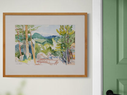 Untitled (Picnic table and Pine Trees in Mountain Landscape), Painting, circa 1990-2000