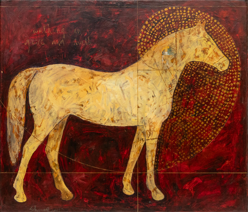 Walking in Grace and Truth (Gold horse standing against a red background), Painting, 2001