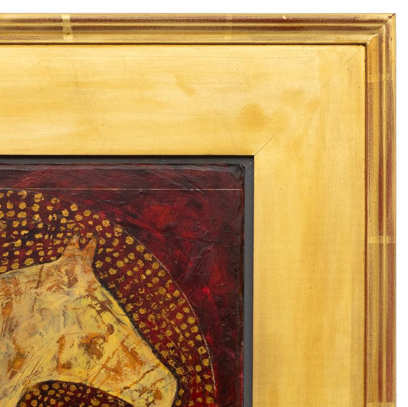 Walking in Grace and Truth (Gold horse standing against a red background), Painting, 2001