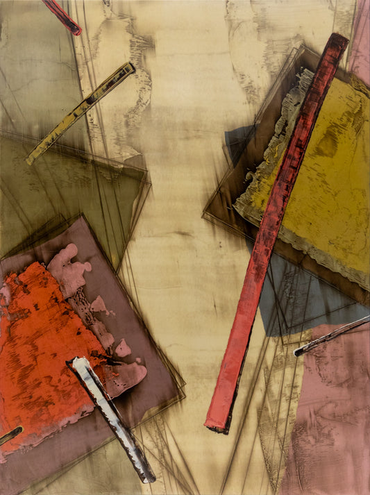 Rebound Series #2 (Abstract composition with Rust, Mauve, and Blue polygons on a Beige Field), Painting, dated 1983