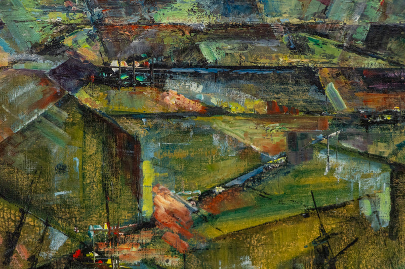 Moonrise Over Colorado Springs (Abstract composition in Green, Blue, Ochre, and Black), Painting, 1952