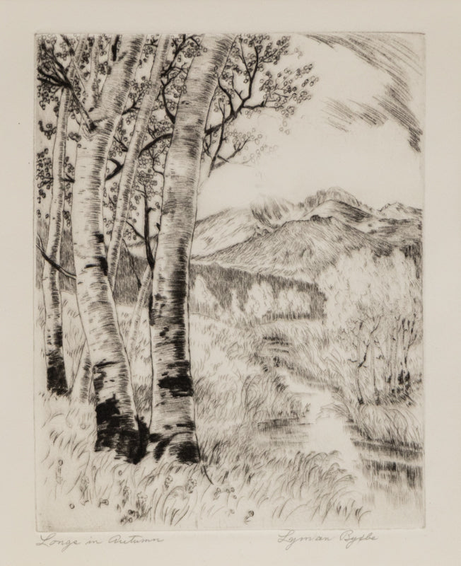 The Residence of Mr. Duroc (Farmhouse with Trees and Fence), Print, circa 1935, Lyman Byxbe (1886-1980), vintage fine art, Horizontal, Small, Framed, etching, paper, circa 1935, 1900-1949, 1930s, 1940s, 20th CENTURY (1900-1999), Lyman, Byxbe, Architecture & Cityscapes, Landscape, Winter, 7 ½ x 9 ¼ inches