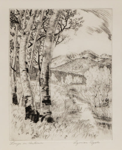 The Residence of Mr. Duroc (Farmhouse with Trees and Fence), Print, circa 1935, Lyman Byxbe (1886-1980), vintage fine art, Horizontal, Small, Framed, etching, paper, circa 1935, 1900-1949, 1930s, 1940s, 20th CENTURY (1900-1999), Lyman, Byxbe, Architecture & Cityscapes, Landscape, Winter, 7 ½ x 9 ¼ inches
